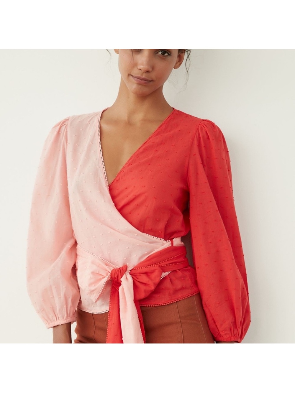 farm rio for Anthropologie Colorblock Pink & Coral Wrap Blouse with Tie Waist